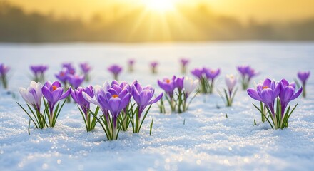 Purple Crocus Flowers Blooming in Snowy Field, Golden Sunlight, Springtime.