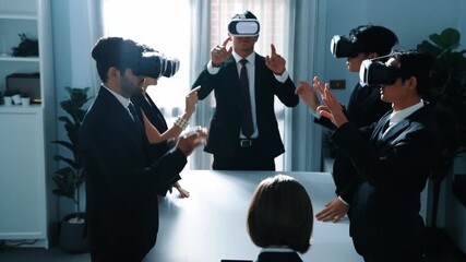 Professional project manager working on laptop and sending data analysis to business people by using VR glass with hologram of financial data analysis or holographic software development. Directorate. - Powered by Adobe