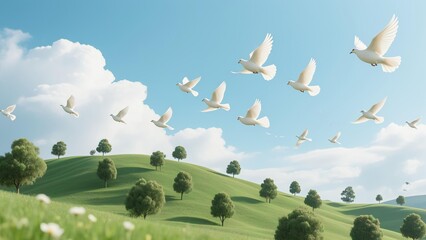 Fototapeta premium Photo-realistic white doves flying over lush green hill with evenly spaced trees, light blue sky and scattered clouds, natural lighting and vibrant colors