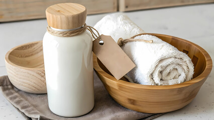 Spa still life with white bottle, towel, and wooden bowl on a linen cloth, creating a serene and minimalist composition for wellness and relaxation concept
