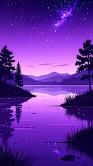 Fototapeta premium Purple night landscape with lake reflection