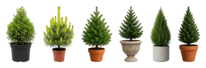 Potted evergreen plant set including various conifer types and pot styles isolated. Architectural design and landscaping elements.