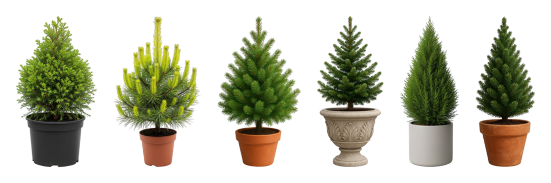 Potted evergreen plant set including various conifer types and pot styles isolated. Architectural design and landscaping elements.