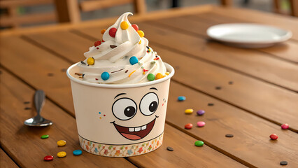 A delightful cup of frozen yogurt with a smiling face and vibrant candy toppings sits on a wooden table, offering a sweet and refreshing treat