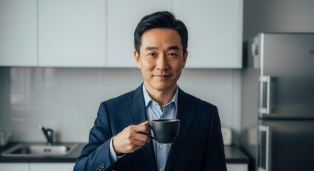 A smiling asian man in a dark suit holds a black coffee mug, looking directly at the camera in a modern kitchen setting
