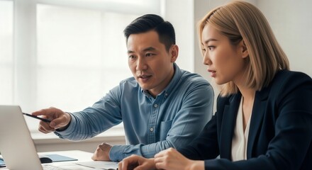 Fototapeta premium Closeup of an asian businessman pointing at a laptop screen during a meeting with a caucasian businesswoman, highlighting a shared focus