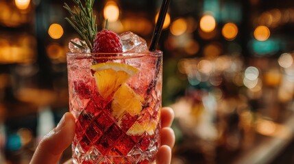 Hand holds red cocktail with raspberry, lemon and rosemary garnish. Great for bar menus, drink specials, or promoting happy hour events.