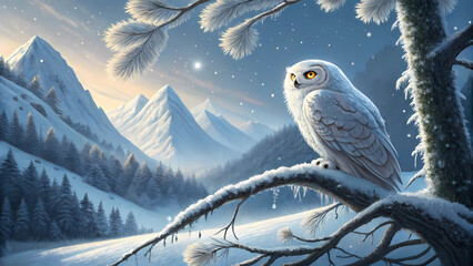 A majestic snowy owl perched on a snowcovered branch, with a backdrop of snowcapped mountains and a serene winter landscape, evoking a sense of peaceful wilderness