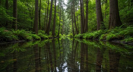Serene Forest Stream Reflecting Towering Trees and Lush Ferns in Tranquil Greenery