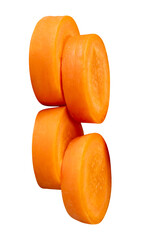 Side view of orange carrot slices in stack isolated with clipping path in png file format