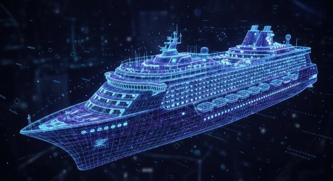 Futuristic Cruise Ship Rendering with Digital Grid and Glowing Elements