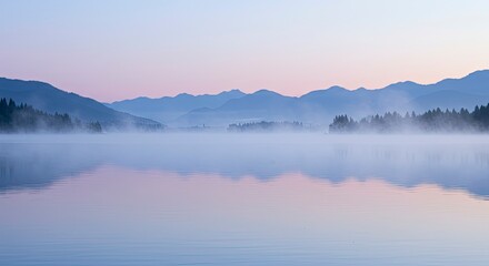 Fototapeta premium Serene Misty Lake Landscape: Mountains, Fog, and Pastel Sunrise Reflections
