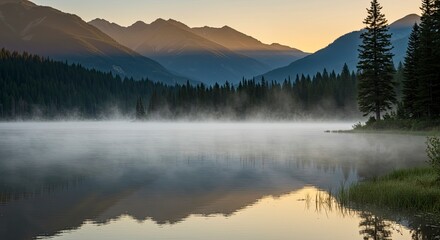 Fototapeta premium Serene Misty Lake Landscape with Mountains, Forest, and Golden Sunrise Reflections
