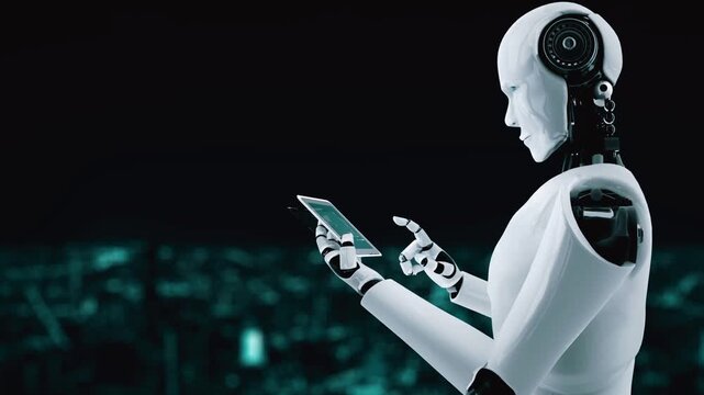 Robot hominoid use mobile phone or tablet for big data analytic using AI thinking brain , artificial intelligence and machine learning process for the 4th fourth industrial revolution . 3D rendering.