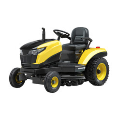 Modern yellow and black riding lawn mower with large tires on a black background