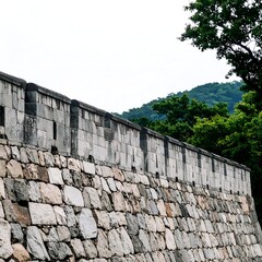 Ancient stone wall against a cloudy sky