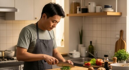 A man wearing an apron in a modern kitchen slices bread on a cutting board, preparing a meal with fresh ingredients and kitchen utensils visible