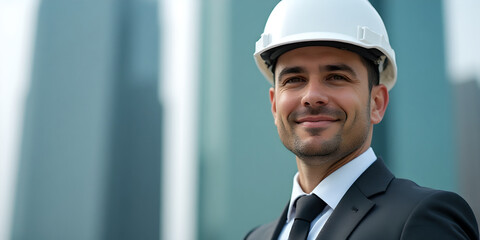 Close-up photo of businessman wearing white safety helmet and suit standing outdoors in front of modern building with slightly blurred background.