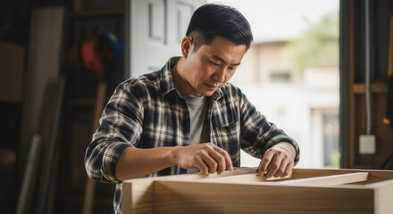 A focused asian man wearing a plaid shirt carefully measures wood in his workshop, demonstrating craftsmanship and dedication to his project
