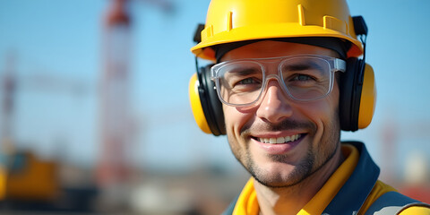 Close-up of a construction worker wearing a yellow safety helmet, safety glasses and earmuffs.