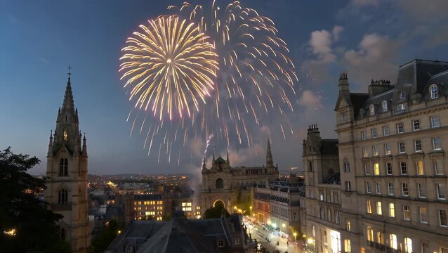 Scenic Vista of Famous City Thoroughfare Viewed from Hilltop at Twilight with Pyrotechnic Show