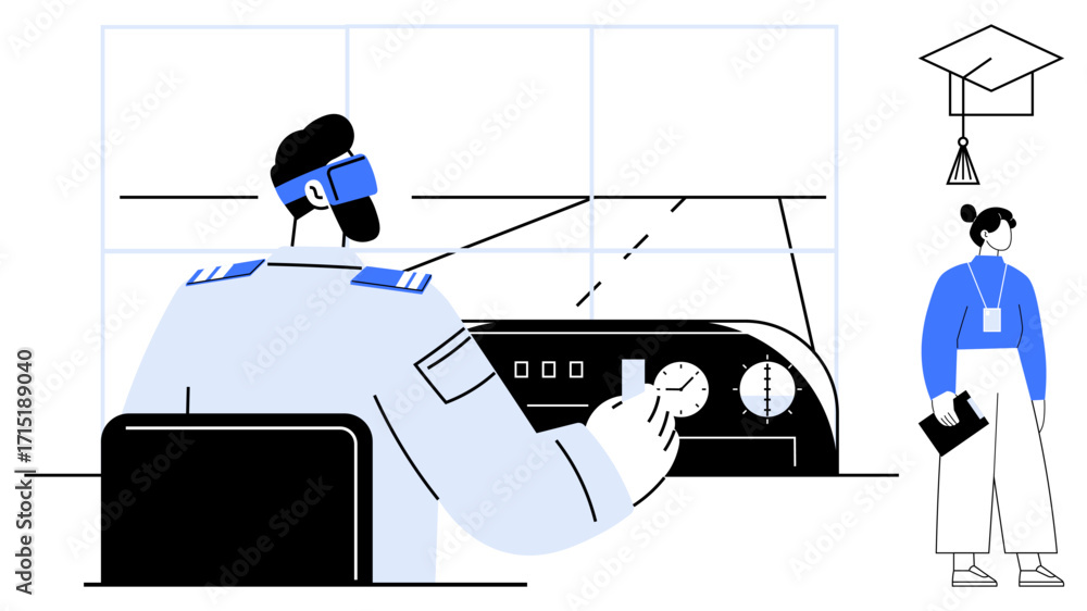 Poster pilot using flight simulator gear in training setup as trainee observes with instructional material.