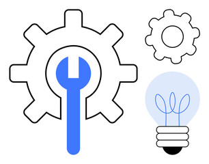 Gear with wrench, smaller gear, and lightbulb symbolize innovation, repair, teamwork, and idea generation. Ideal for engineering, development, problem-solving creativity brainstorming technical