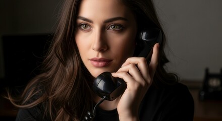 Closeup portrait of a young woman holding an oldfashioned telephone receiver to her ear