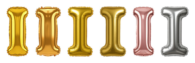 Foil letter I balloon set including gold, rose gold, and silver metallic finishes isolated. Party and celebration decoration elements.