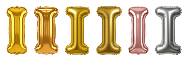 Foil letter I balloon set including gold, rose gold, and silver metallic finishes isolated. Party and celebration decoration elements.