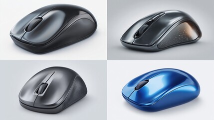 A collection of computer mouse renders in various colors and metallic textures