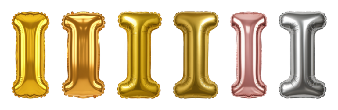 Foil letter I balloon set including gold, rose gold, and silver metallic finishes isolated. Party and celebration decoration elements.