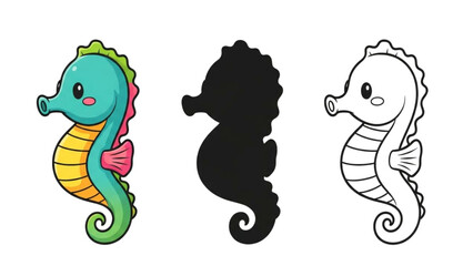 Funny Cartoon seahorse Clipart Bundle – Colorful, Silhouette, Outline
