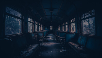 Abandoned train interior with broken seats and dark eerie atmosphere