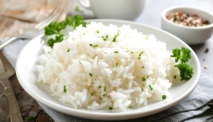Plate of cooked white rice garnished with fresh herbs