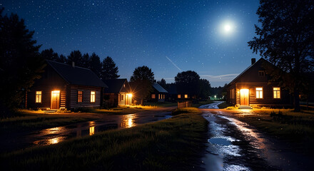 Fototapeta premium A quiet rural village with cozy wooden houses illuminated under a starry night sky and bright moon.
