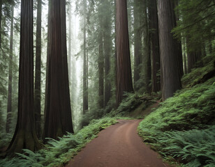 Obraz premium Winding Dirt Path through a Majestic Redwood Forest