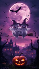 Cheerful Ghost Witches Flying on Broomstick Over Jack-o'-Lantern Under Purple Halloween Moon
