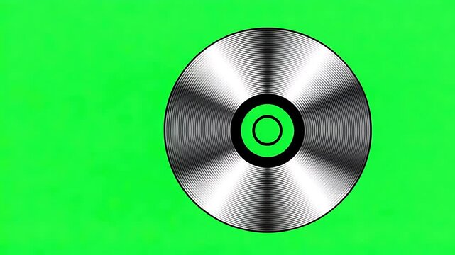 Silver compact disc on green screen. Reflective optical media for data, audio, or video, isolated on chroma key background.