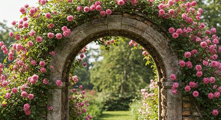 Fototapeta premium Stone Archway Adorned with Pink Roses, Garden Pathway View.