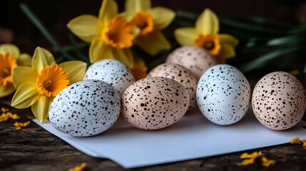 Easter eggs and daffodils on rustic wood  Decorated eggs in speckled patterns, white and light beige, alongside vibrant yellow daffodils, sit on a piece of white paper