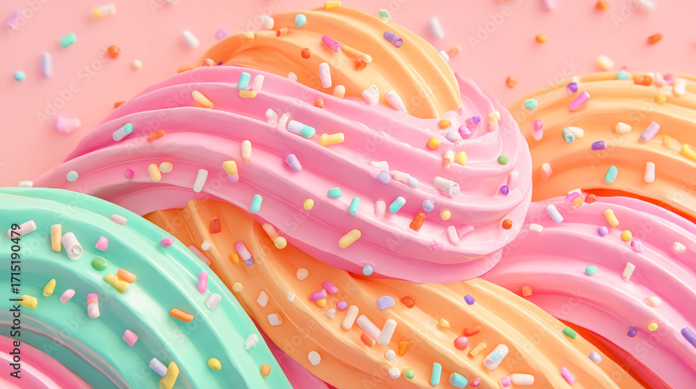 Poster a colorful frosting with sprinkles on top of it. the frosting is made of different colors and has a 