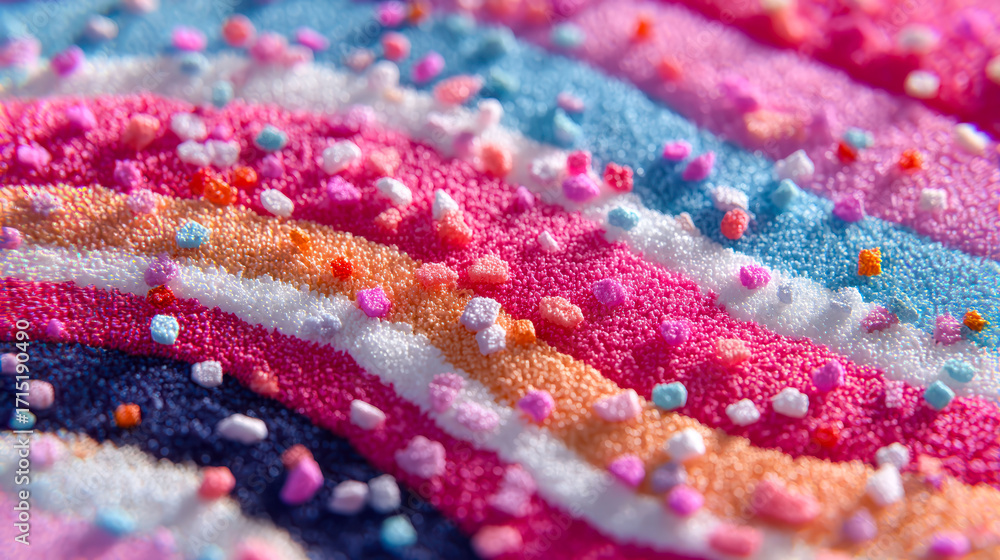 Poster a colorful and vibrant image of a candy covered surface. the candy is in various colors and shapes, 