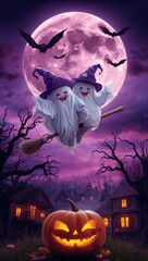 Cheerful Ghost Witches Flying on Broomstick Over Jack-o'-Lantern Under Purple Halloween Moon