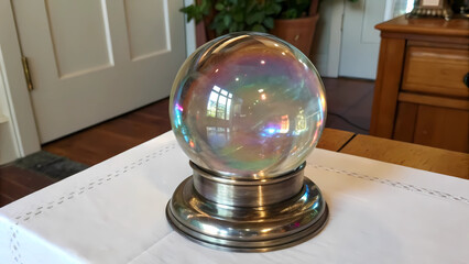 A captivating crystal ball sits atop a silver stand, its iridescent surface reflecting a spectrum of colors, creating a mesmerizing and ethereal display of light and shadow