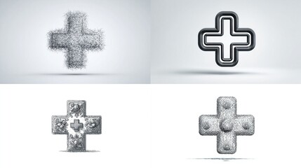 Four plus signs, each in a distinct art style fuzzy, glossy, detailed, and minimalist
