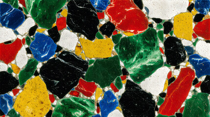 A colorful mosaic made of many different colored stones. The colors are red, blue, green, and yellow