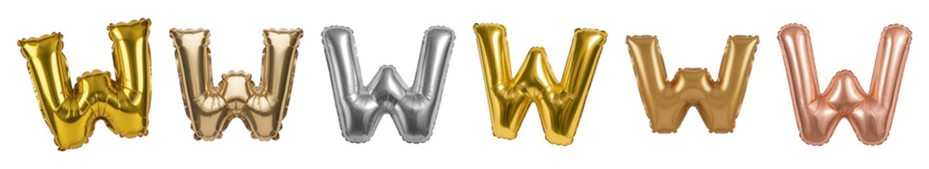 Fototapeta premium Metallic letter W balloon set including various gold, silver, and rose gold finishes isolated. Celebration typography and design element collection.