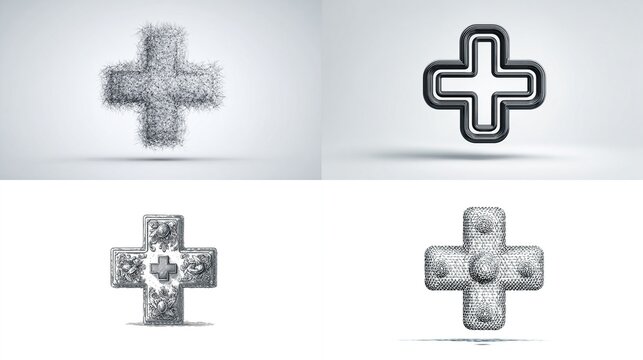 Four plus signs, each in a distinct art style fuzzy, glossy, detailed, and minimalist