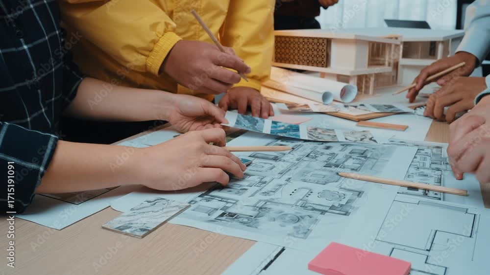Poster a group of professionals engaged in collaborative teamwork, analyzing architectural blueprints and d